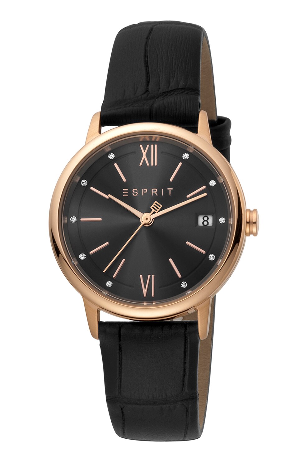 Esprit, Ceas analog cu o curea din piele cu aspect de piele de crocodil, Negru/Auriu rose