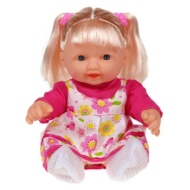 Papusa bebelus,model fetita cu codite,rochita cu flori roz,dimensiune 23 cm