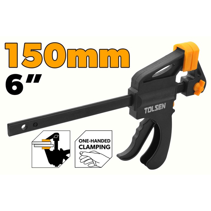 Menghina de mana TOLSEN 150 mm (6”), eliberare rapida, corp plastic dur, bara cu finisaj negru, suporturi moi fara urme, prindere sigura si precisa pe lemn si metal, tampoane moi ne-marcante, corp ergonomic si rezistent, bara otel durabila