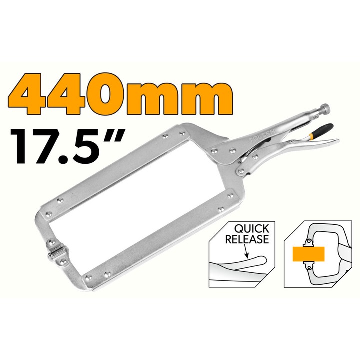 Cleste autoblocant pentru sudura TOLSEN 440 mm, otel special placat cu nichel, deschidere falci 180 mm, lungime prindere 230 mm, tampoane pivotante 28x28 mm, prindere stabila, eliberare rapida cu tija de reglaj, otel placat cu nichel pentru rezistenta la