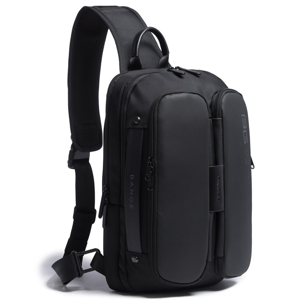 Rucsac crossbody/de umar casual, impermeabil, cu port de incarcare USB, Bange, Negru