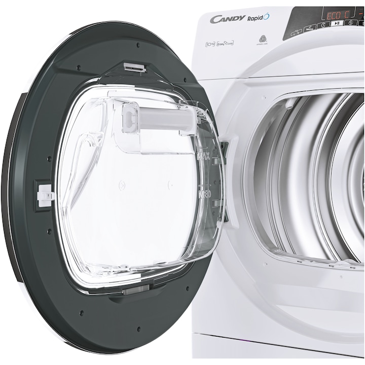 Uscator de rufe Candy Rapido ROE H10A2TCEX-S, Pompa de caldura, 10 kg, Clasa A++, Conectivitate WiFi+Bt, Easy case, Dry sensor, Easy iron, Alb