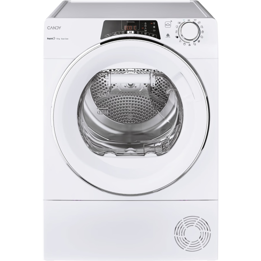 Uscator de rufe Candy Rapido ROE H10A2TCEX-S, Pompa de caldura, 10 kg, Clasa E, Conectivitate WiFi+Bt, Easy case, Dry sensor, Easy iron, Alb