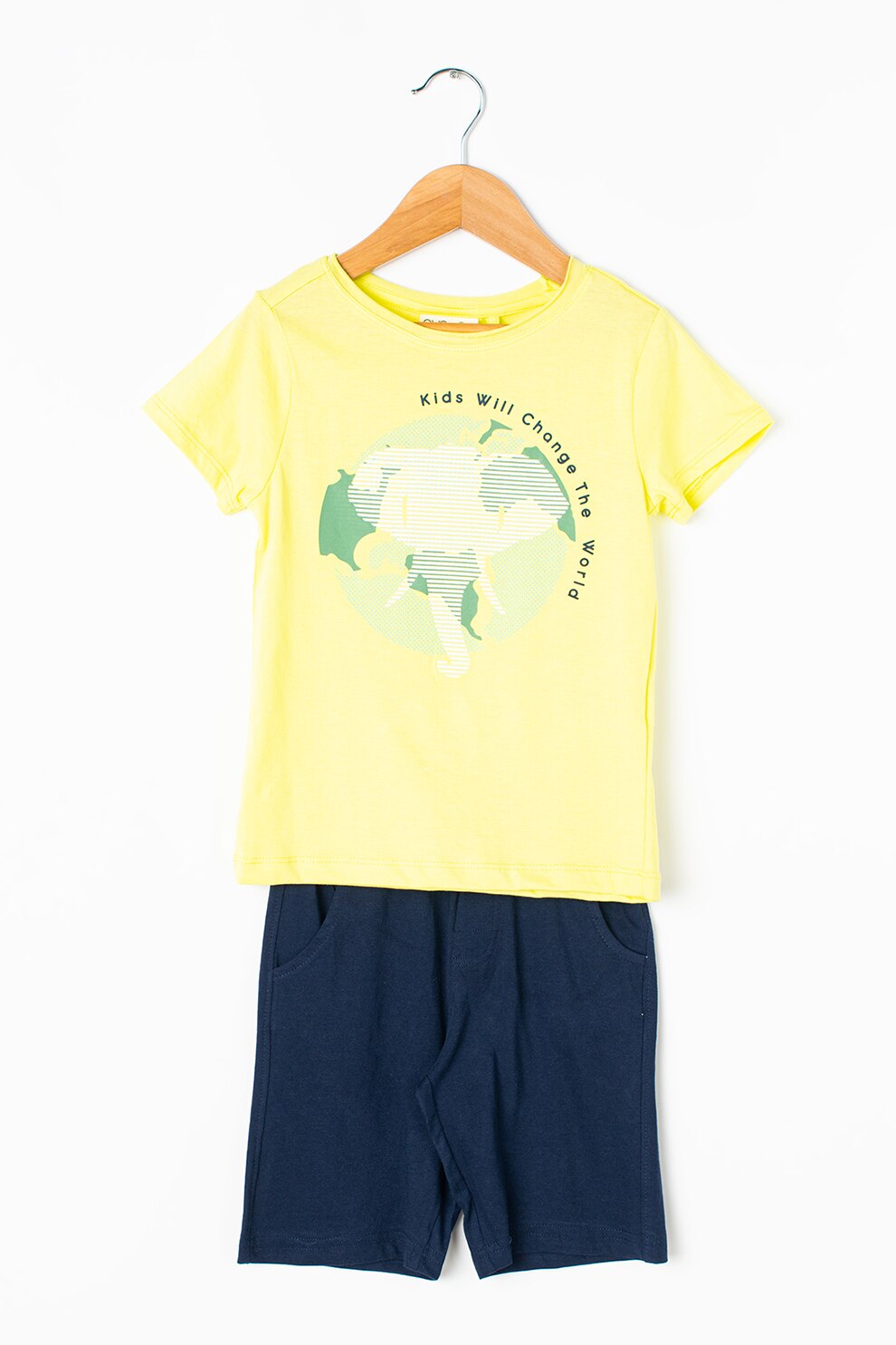 OVS, Set de bermude si tricou cu decolteu la baza gatului, Galben/Bleumarin/Alb, 104 CM