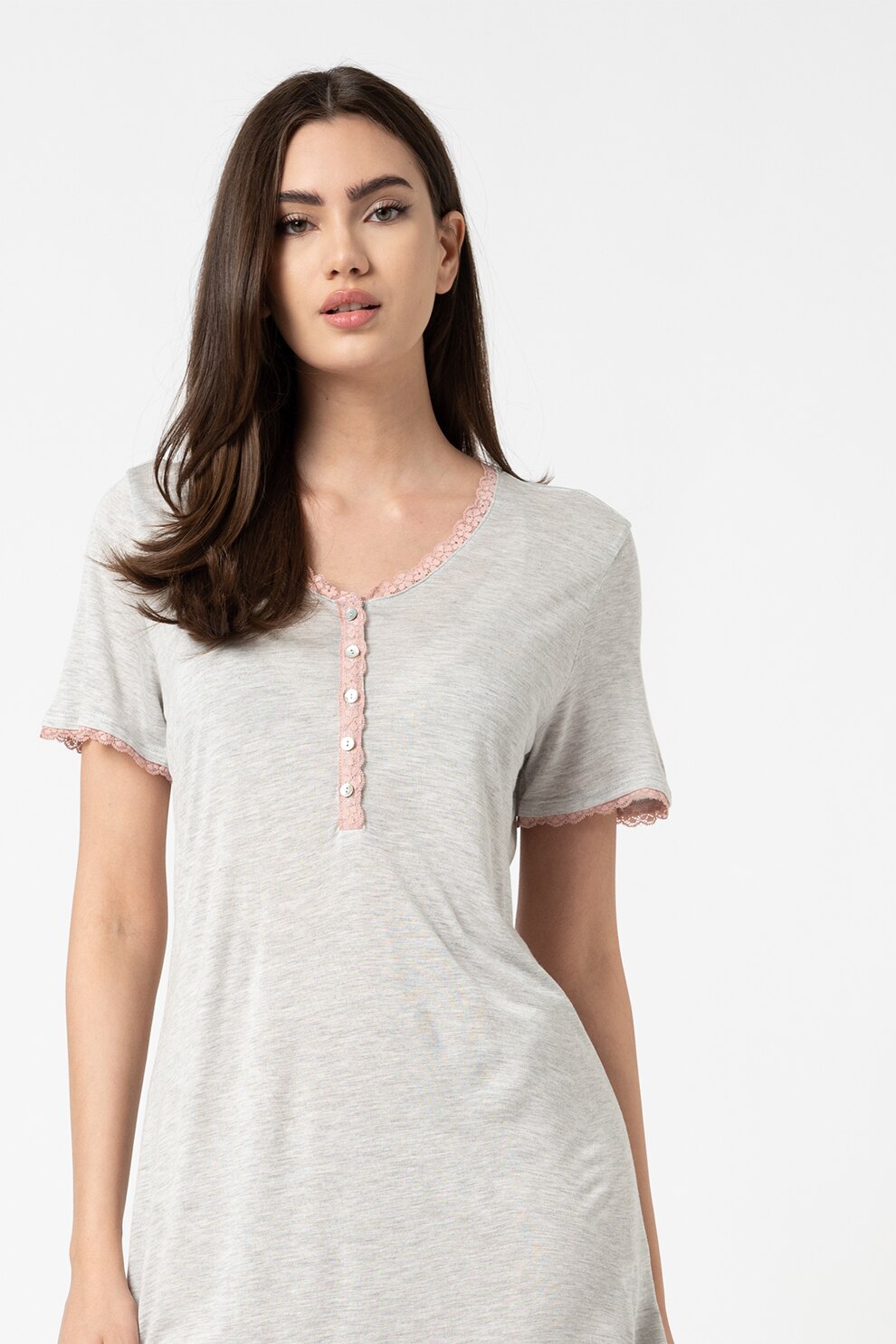 OVS, Camasa de noapte cu aplicatii din dantela, Gri deschis melange/Roz