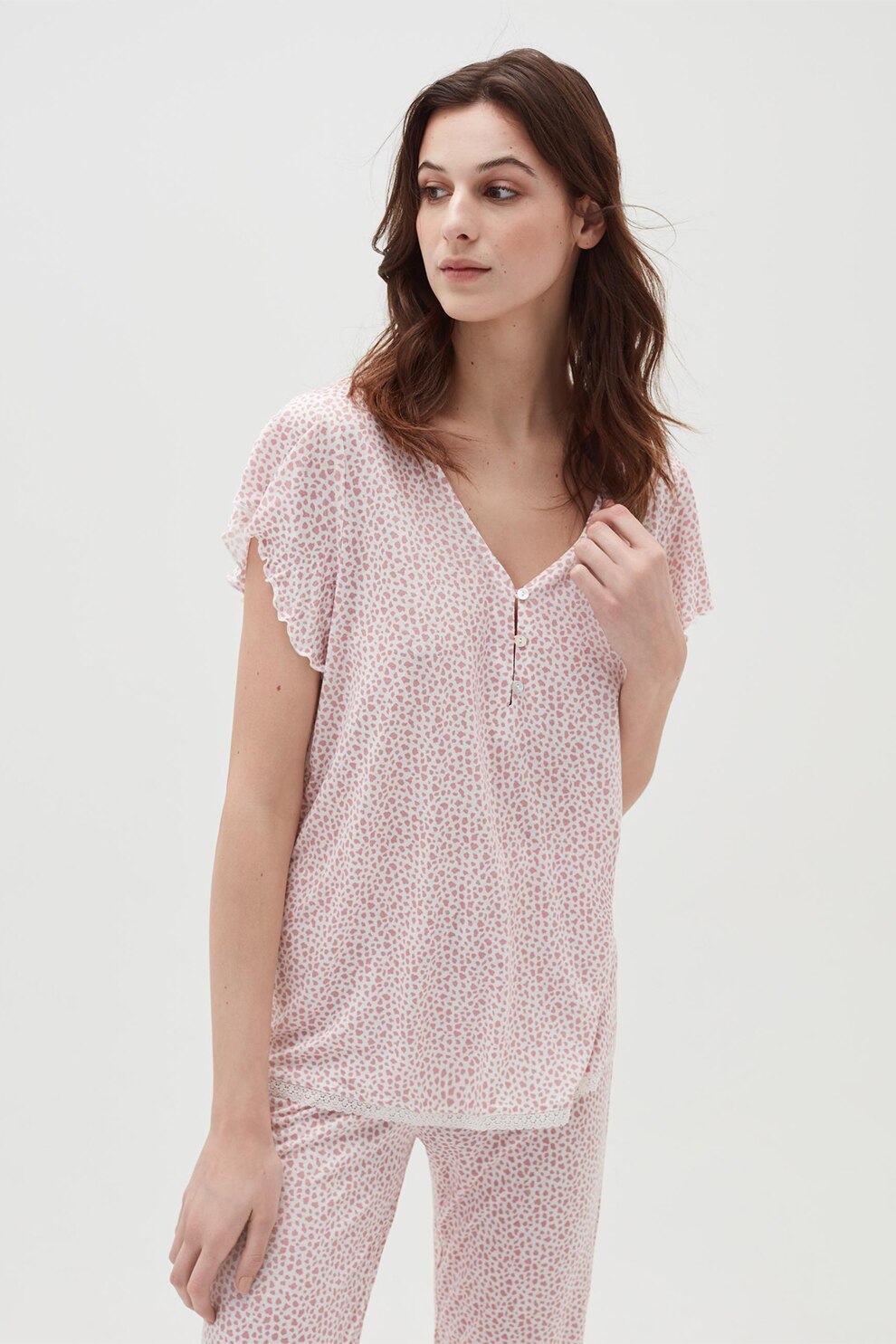 OVS, Pijama cu imprimeu si decolteu in V, Roz/Alb