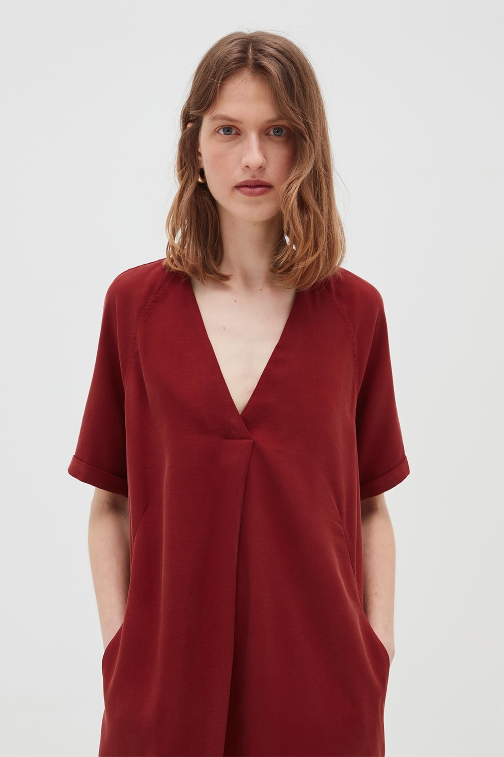 OVS, Rochie cu decolteu in V si buzunare laterale, Rosu Bordeaux, S