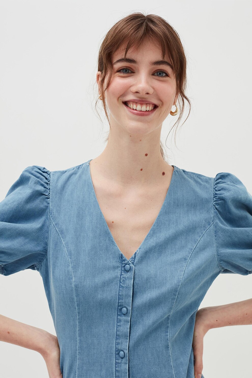 OVS, Rochie de chambray cu decolteu in V si maneci bufante, Albastru