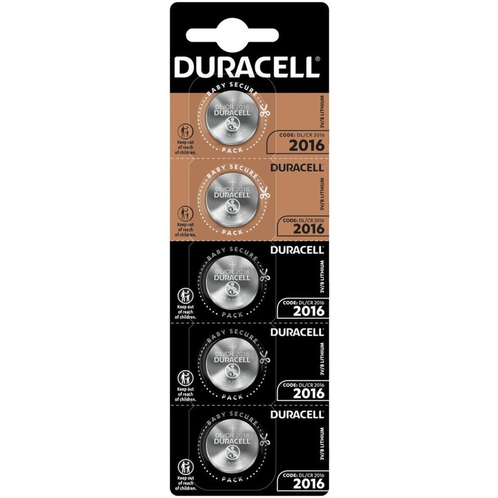 Baterii litiu tip buton DURACELL CR2016 3V, blister 5 bucati