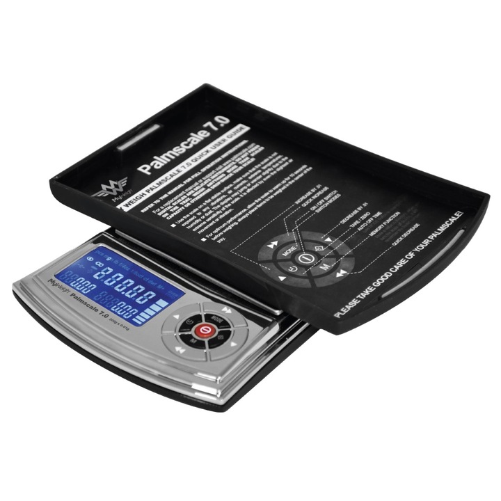 Cantar de precizie calibrabil MyWeigh Palmscale 7, cu husa, 200 x 0.01 grame greutate maxima, pentru bijuterii, cu certificat de calibrare