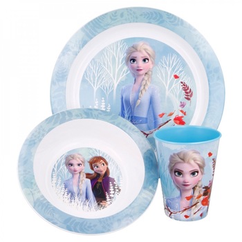 Set mic dejun plastic Frozen Anna Elsa, 3 piese Bleu Set mic dejun plastic Frozen Anna Elsa, 3 piese Bleu