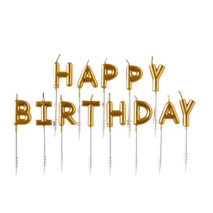 Свещи за торта It's Party Time Happy Birthday, Цвят златист, Комплект от 13
