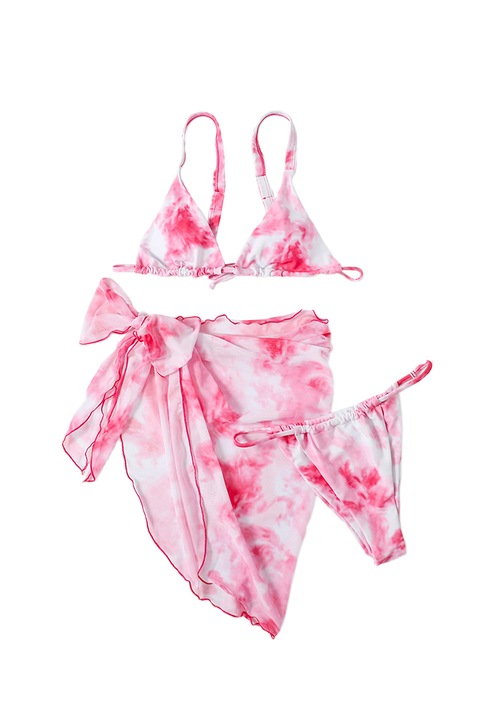 Дамски бански 3 части, бразилиана, регулируем сутиен и шал тип пола, EFAYN RO, Розово