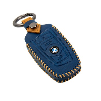 Husa cheie BMW din piele naturala cu inel metalic tip breloc, albastra model B Husa cheie BMW din piele naturala cu inel metalic tip breloc, albastra model B