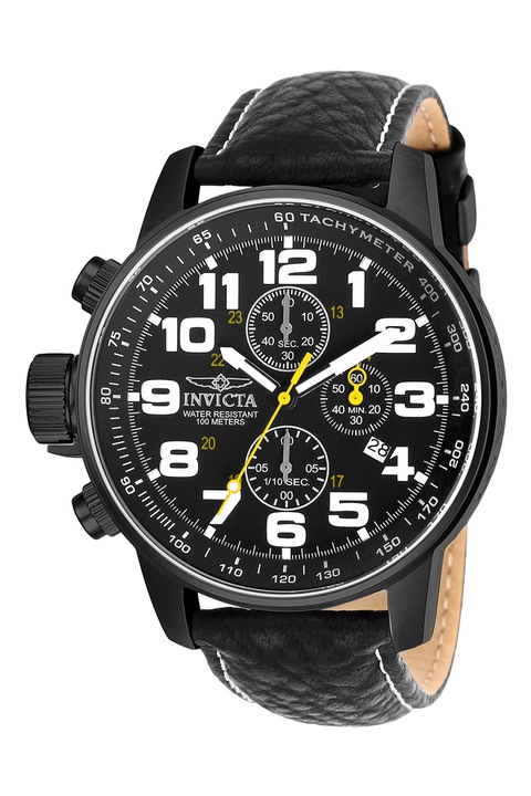 Invicta, Аналогов часовник с хронограф и кожена каишка, Черен