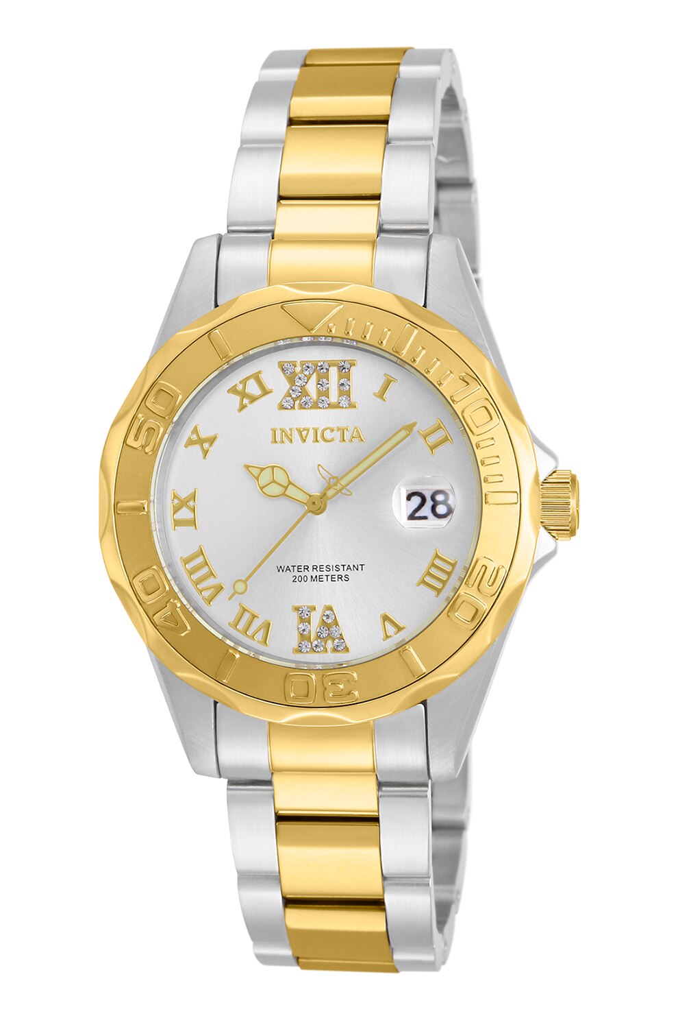 Invicta, Ceas de otel inoxidabil decorat cu cristale zirconia, Argintiu/Auriu