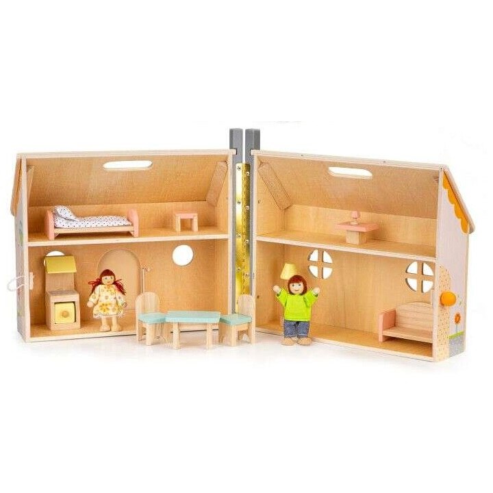 Casuta de papusi, Ecotoys, cu deschidere si mobiler, lemn, maro, 29.5 x 30 cm