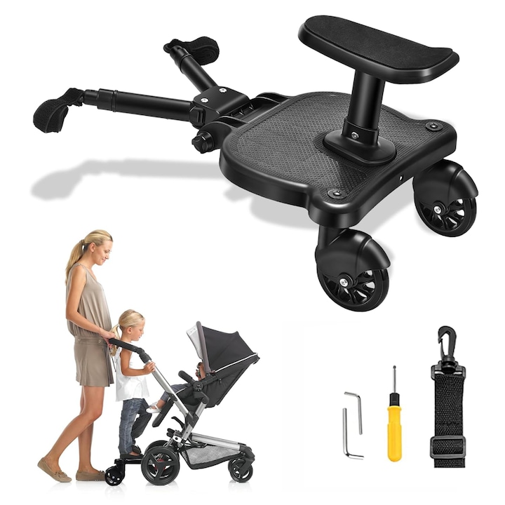 Адаптер за количка за второ дете, ремарке за количка, борд за платформено бъги със сваляща се седалка, 2 колела, капацитет 25 кг, универсален, Ideas4Comfort, черен