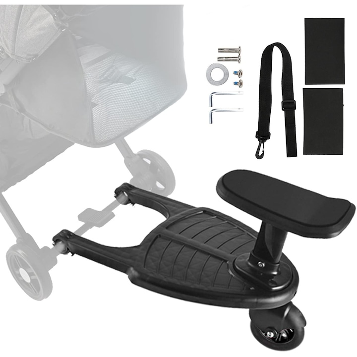 Платформа за количка за второ дете IDEAS4COMFORT, 3-7 години, 1 колело, Товар 25 кг, Закрепване за задна хоризонтална ос, Черен