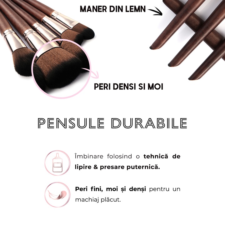 Set 11 pensule machiaj, Judios®, maner lemn, makeup profesional/ incepatori, ghid pentru machiaj, manual utilizare si recomandari in limba romana, pensula sprancene, pensula iluminator, pensula pudra, pensule capete duble, Maro