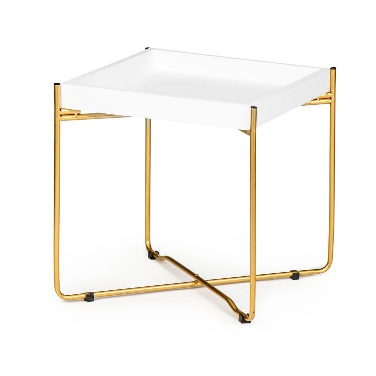 Masuta de cafea, alba, picioare realizate din metal auriu, eleganta si functionala, 34 x 34 cm