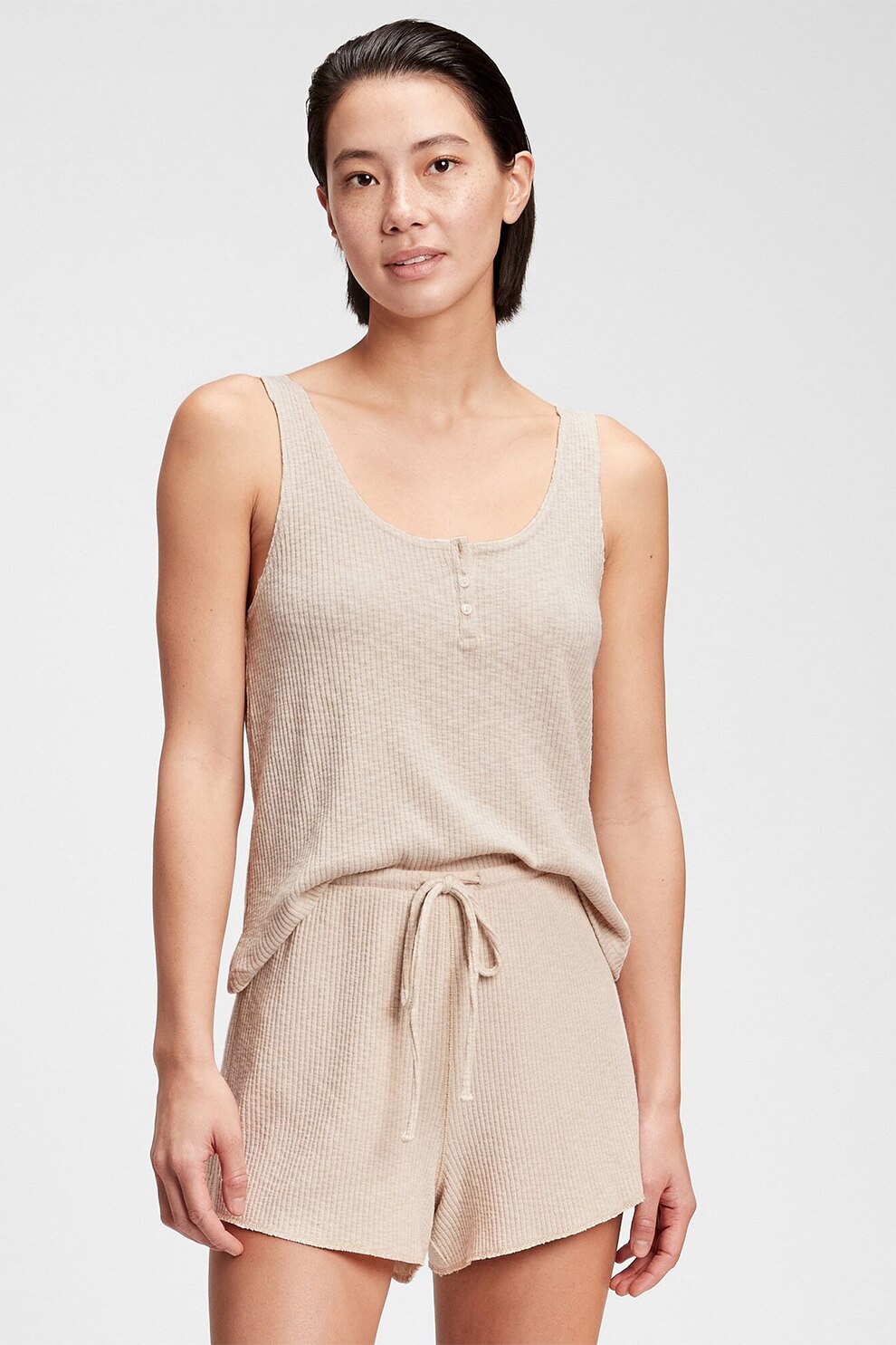 GAP, Top de pijama striat din jerseu, Maro camel