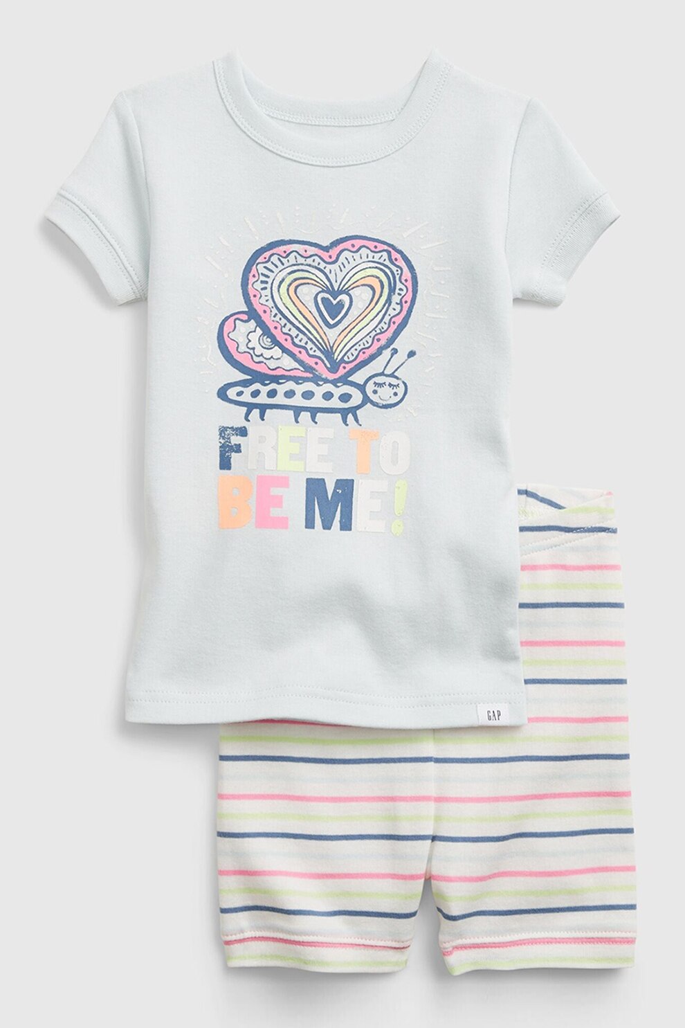 GAP, Pijama de bumbac organic cu maneci scurte si diverse imprimeuri, Albastru pastel/Alb