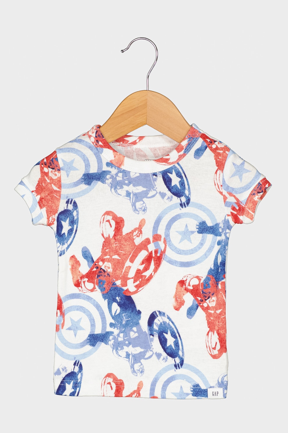 GAP, Pijama de bumbac organic cu model Captain America, Alb/Albastru/Rosu