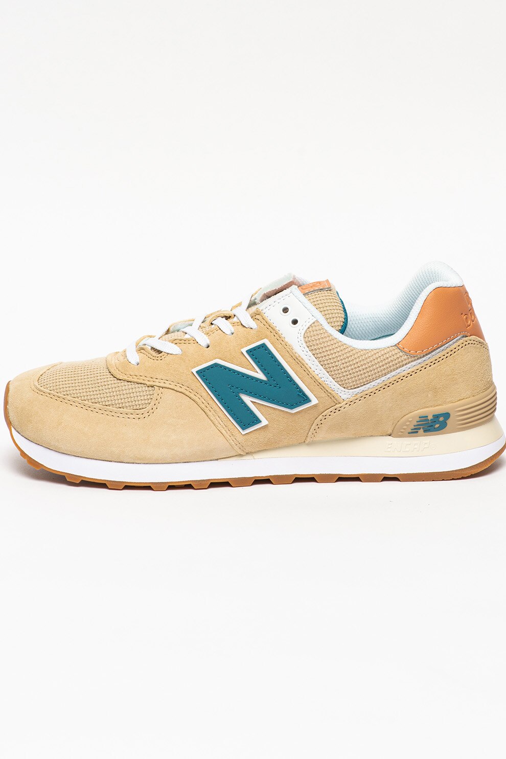 New Balance, Pantofi sport cu insertii de piele intoarsa si piele 574, maro camel, albastru petrol, 11