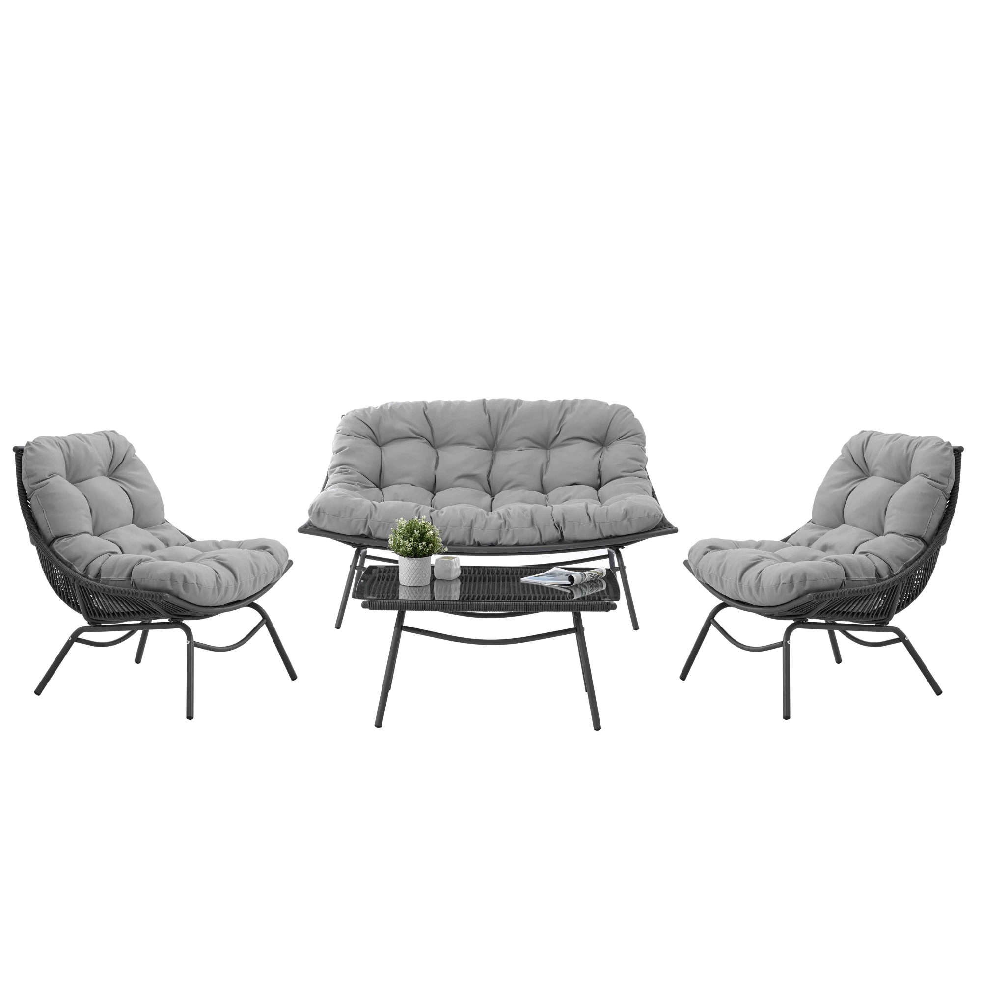 Set mobilier terasa canapea 142x91x88 cm, 2 scaune 72x91x88 cm, masuta 90x65x45 cm, blat sticla securizata 5 ratan pe, cadru otel vopsit electrostatic, perne incluse, culoare gri - eMAG.ro