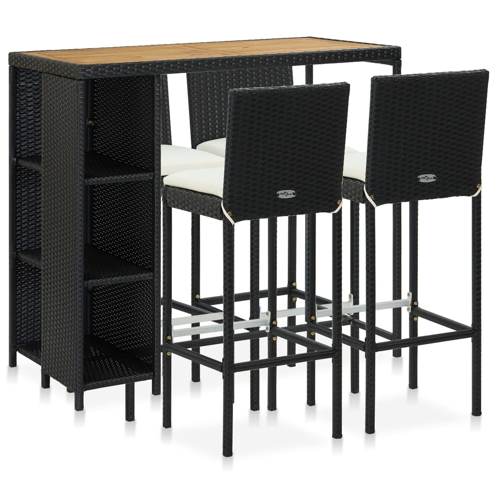 Set mobilier de gradina/bar cu 5 piese cu perne incluse vidaXL, Poliratan, 120 x 60 x 110 cm, Negru