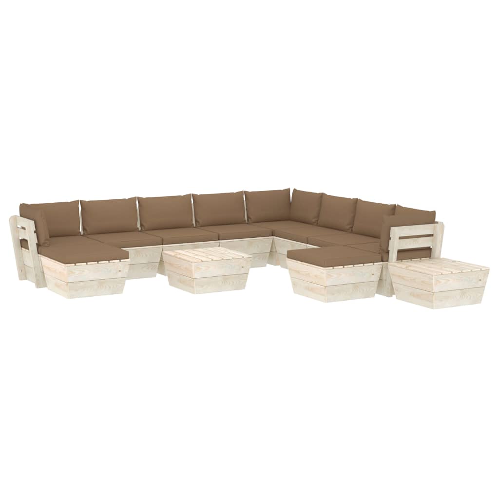 Set mobilier de gradina din paleti cu 12 piese cu perne colorate incluse, vidaXL, Lemn, 60 x 60 x 65 cm, Taupe