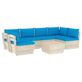 Set mobilier de gradina din paleti cu 5 piese cu perne colorate incluse, vidaXL, Lemn, 60 x 60 x 65 cm, Albastru