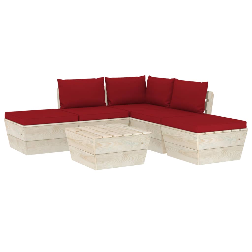 Set mobilier de gradina din paleti cu 6 piese cu 9 perne colorate incluse, vidaXL, Lemn, 60 x 60 x 65 cm, Rosu inchis