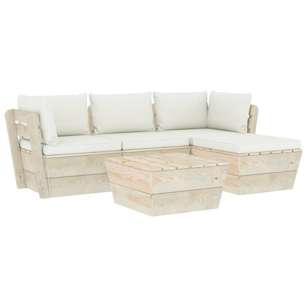 Set mobilier de gradina din paleti cu spatar din 5 piese cu perne colorate incluse, vidaXL, Lemn, 60 x 60 x 65 cm, Crem