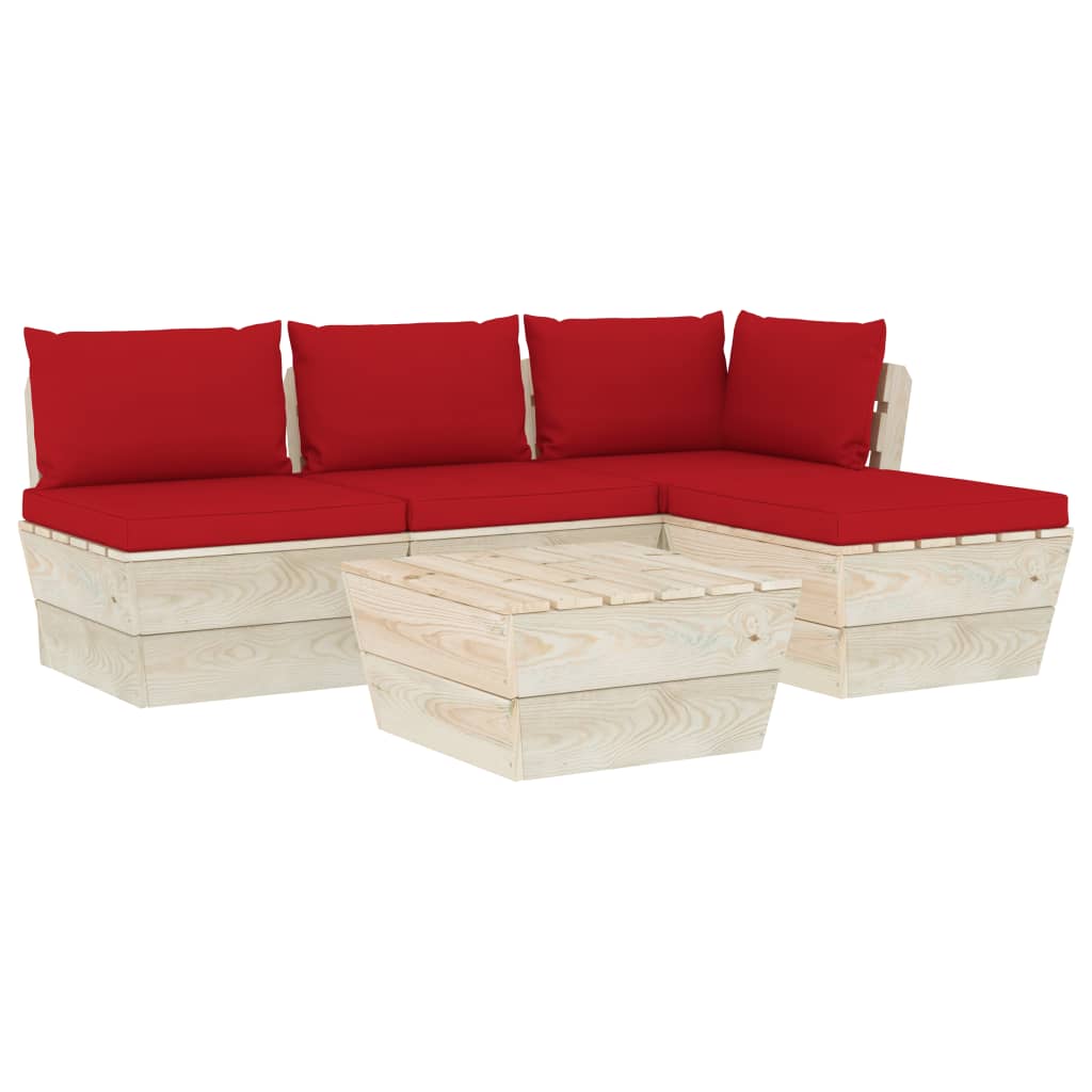 Set mobilier de gradina din paleti cu 5 piese cu 8 perne colorate incluse, vidaXL, Lemn, 60 x 60 x 65 cm, Rosu
