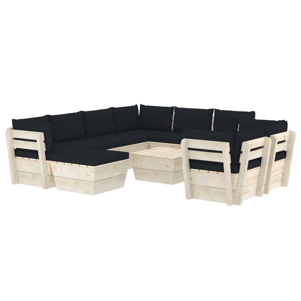 Set mobilier de gradina din paleti cu 10 piese cu perne colorate incluse, vidaXL, Lemn, 60 x 60 x 65 cm, Negru
