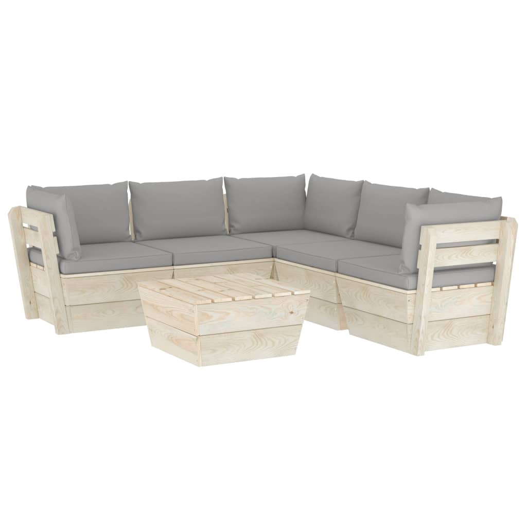 Set mobilier de gradina din paleti cu spatar din 6 piese cu perne colorate incluse, vidaXL, Lemn, 60 x 60 x 65 cm, Gri