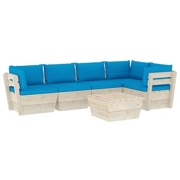 Set mobilier de gradina din paleti cu 6 piese cu perne colorate incluse, vidaXL, Lemn, 60 x 60 x 65 cm, Albastru deschis
