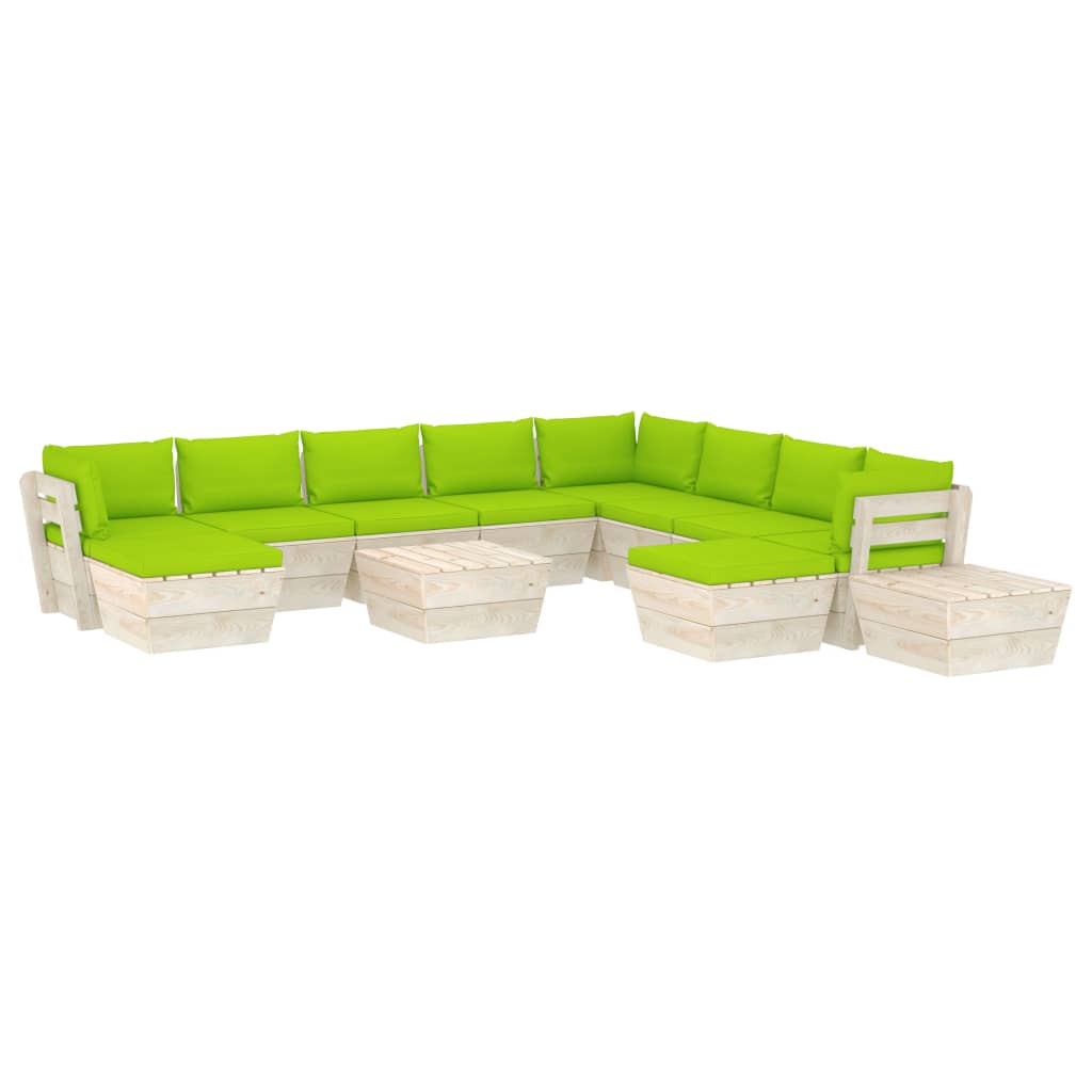 Set mobilier de gradina din paleti cu 12 piese cu perne colorate incluse, vidaXL, Lemn, 60 x 60 x 65 cm, Verde