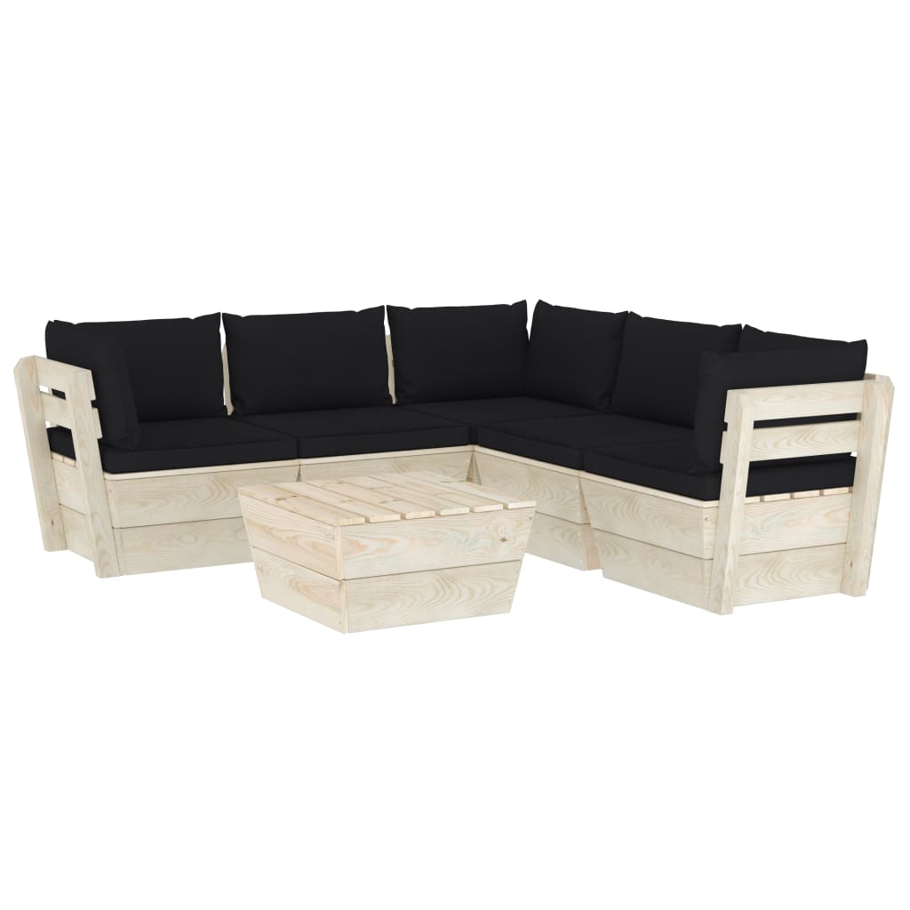 Set mobilier de gradina din paleti cu spatar din 6 piese cu perne colorate incluse, vidaXL, Lemn, 60 x 60 x 65 cm, Negru