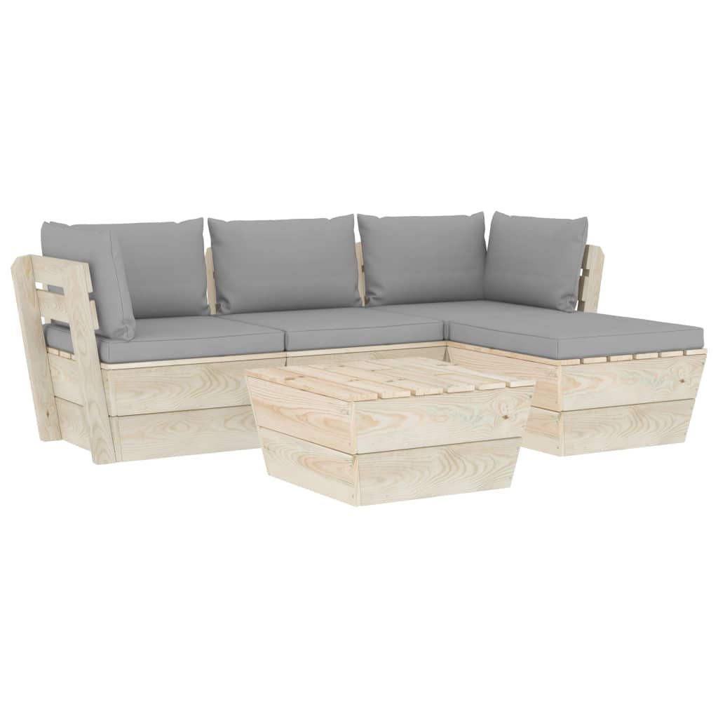 Set mobilier de gradina din paleti cu spatar din 5 piese cu perne colorate incluse, vidaXL, Lemn, 60 x 60 x 65 cm, Gri