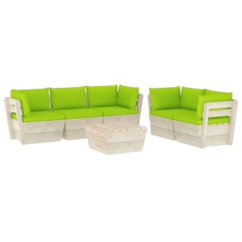 Set mobilier de gradina din paleti cu 6 piese cu perne verde deschis, vidaXL, Lemn, 60 x 60 x 65 cm, Verde deschis