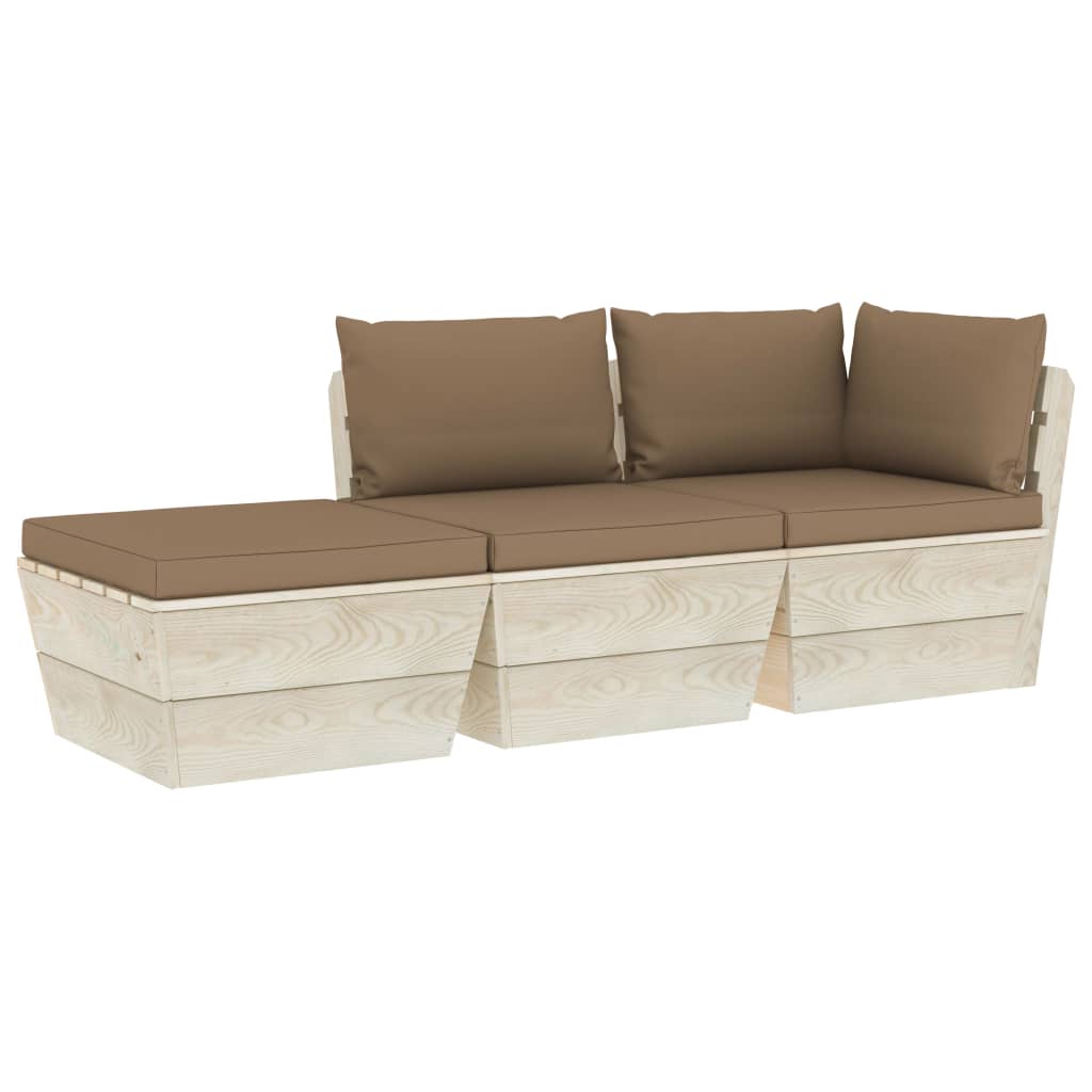Set mobilier de gradina din paleti cu 3 piese cu perne colorate incluse, vidaXL, Lemn, 60 x 60 x 65 cm, Maro taupe
