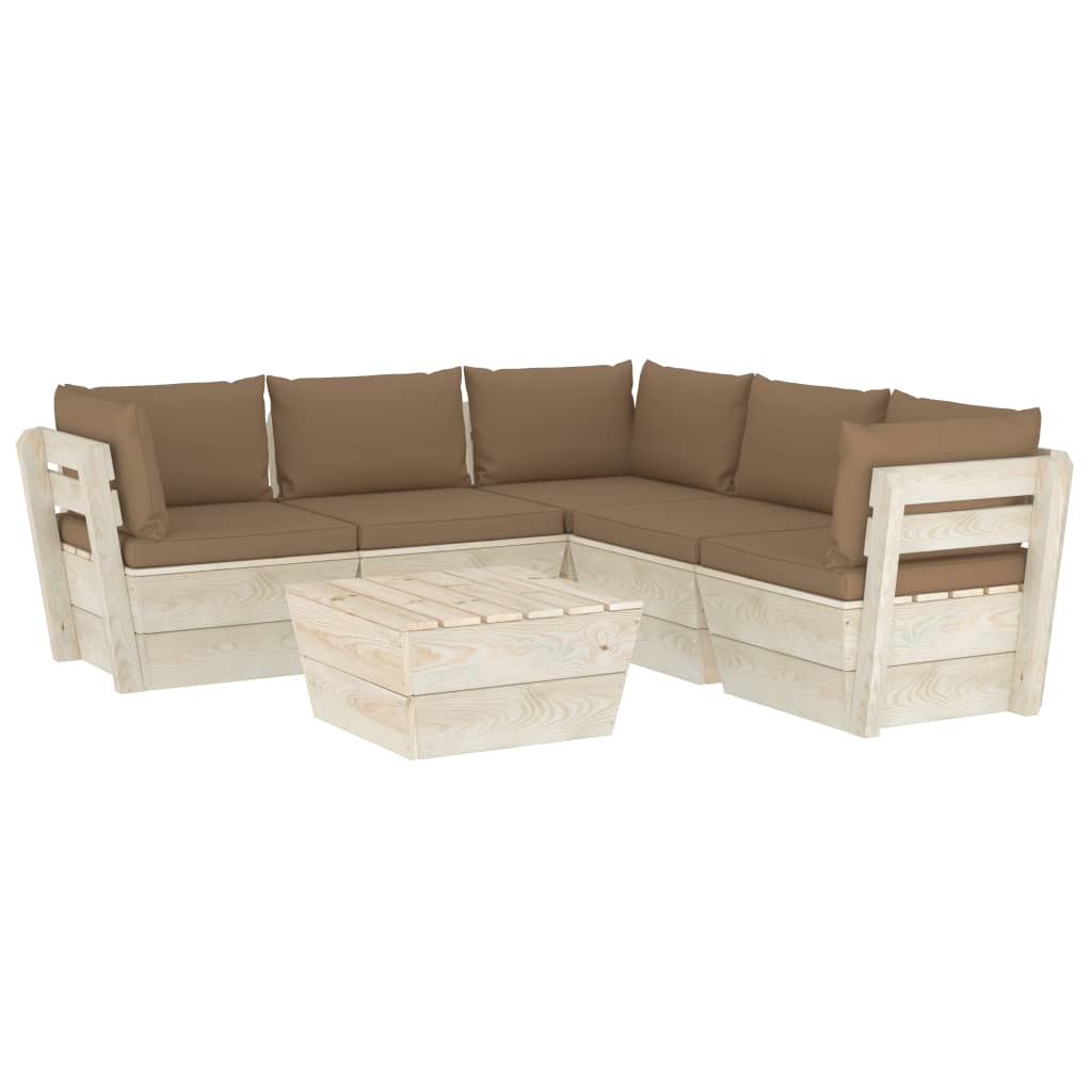 Set mobilier de gradina din paleti cu spatar din 6 piese cu perne colorate incluse, vidaXL, Lemn, 60 x 60 x 65 cm, Maro taupe