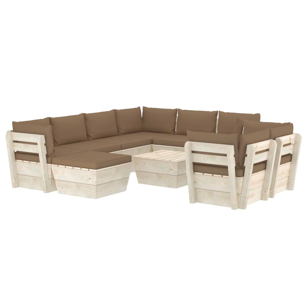 Set mobilier de gradina din paleti cu 10 piese cu perne colorate incluse, vidaXL, Lemn, 60 x 60 x 65 cm, Maro taupe