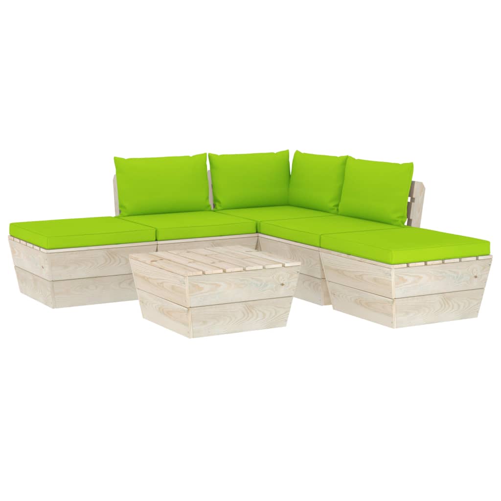 Set mobilier de gradina din paleti cu 6 piese cu 9 perne colorate incluse, vidaXL, Lemn, 60 x 60 x 65 cm, Verde