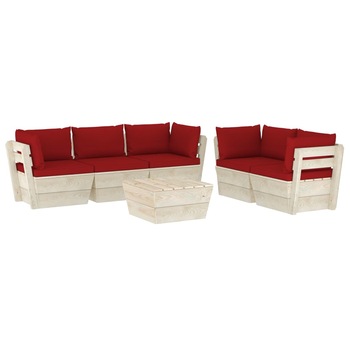 Set mobilier de gradina din paleti cu 6 piese cu perne rosu inchis, vidaXL, Lemn, 60 x 60 x 65 cm, Rosu inchis