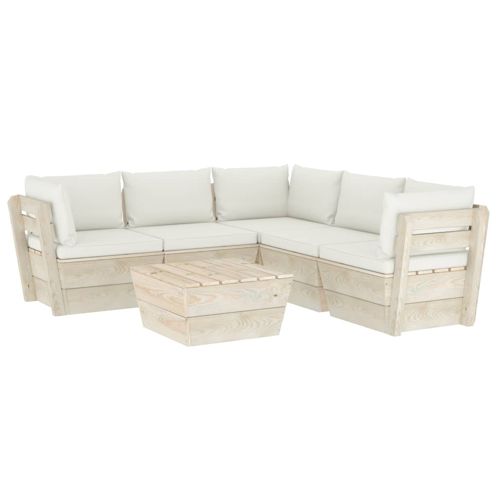 Set mobilier de gradina din paleti cu spatar din 6 piese cu perne colorate incluse, vidaXL, Lemn, 60 x 60 x 65 cm, Crem