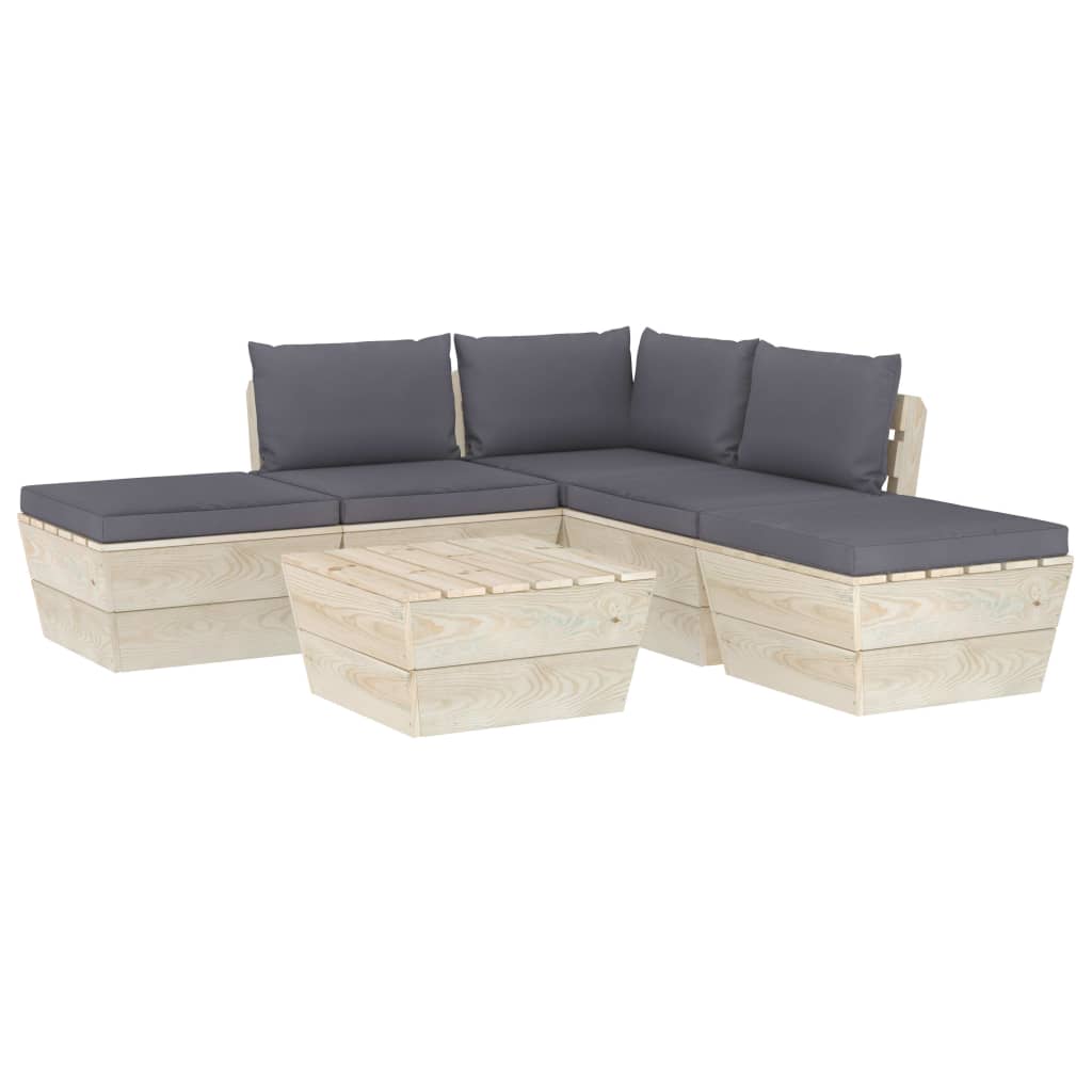 Set mobilier de gradina din paleti cu 6 piese cu 9 perne colorate incluse, vidaXL, Lemn, 60 x 60 x 65 cm, Gri antracit